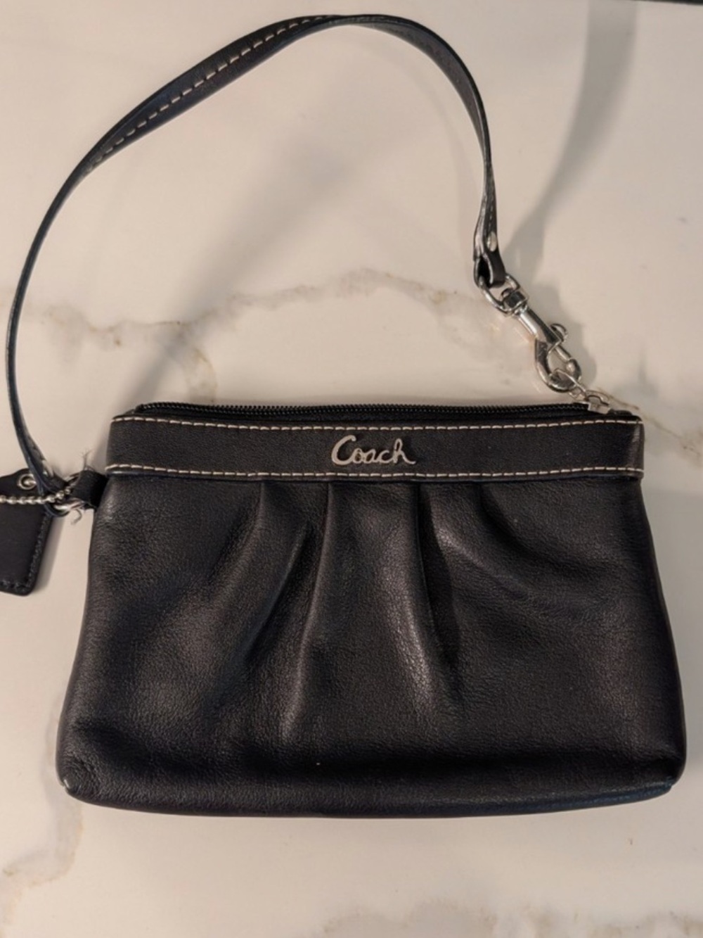 Authentic Coach Y2K Black Leather Pleated Wristlet with Silver Hardware